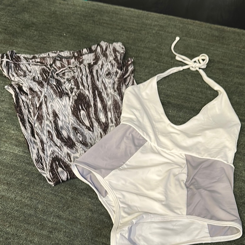 L-space White and Gray Halter Swimsuit with velvet Patterned Cover-Up